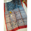 Silkmark Certified Tussar Silk Madhubani Block Print Blue Saree with Blouse-Indiehaat