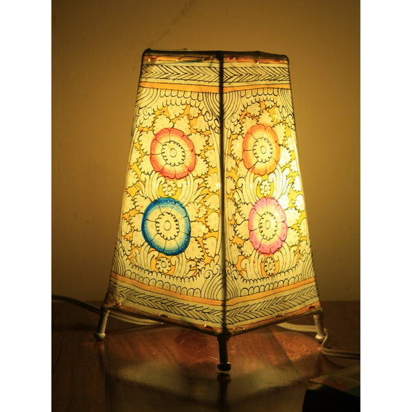 Indiehaat | Peacock Kalamkari Handpainted Standing Square Leather Lamp | 9 Inch