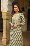 Cotton Skirt Kurti Set Handblock Cream 11% Off - IndieHaat