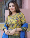 Handblock Printed Cotton Lehanga And Top With Mulmul Dupatta (Size 34-46) Yellow Color-Indiehaat