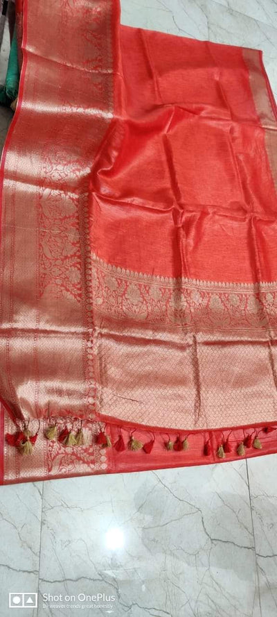 Silk Linen Weaving Design Jacquard Handloom Red Saree with Running Blouse-Indiehaat