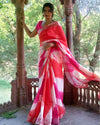 Cotton Linen Saree Pink & Red Color Shibori Hand Dyed with running blouse - IndieHaat