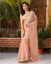 Pure Silk Kota Doria Saree Peach Color allover Hand Pitta work with running blouse - IndieHaat