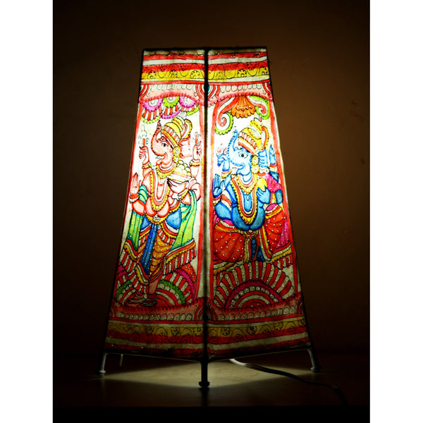 Indiehaat | Ganesha Kalamkari Handpainted Standing Square Leather Lamp | 9 Inch