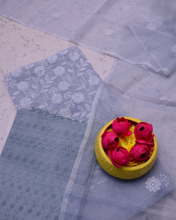 Kota Doria Suits Lavendar Gray & Slate Blue Color Embroidery Work (Top+Bottom+Dupatta) - IndieHaat