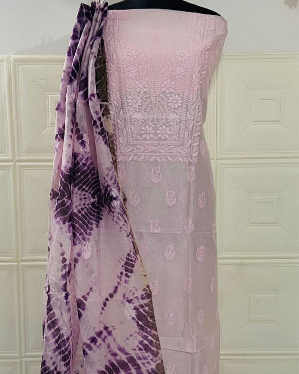 Pure Chanderi Silk Kurti Pale Pink Color with heavy Chikankari work Dupatta - IndieHaat