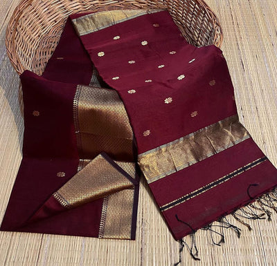 Maheshwari Cotton Silk Saree Butta Body Dark Red Color and contrast blouse with butta design - IndieHaat