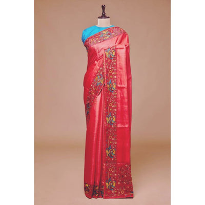 Silkmark Certified Pure Tussar Hand Cutwork Brick Red Saree (Tussar by Tussar Fabric)-Indiehaat