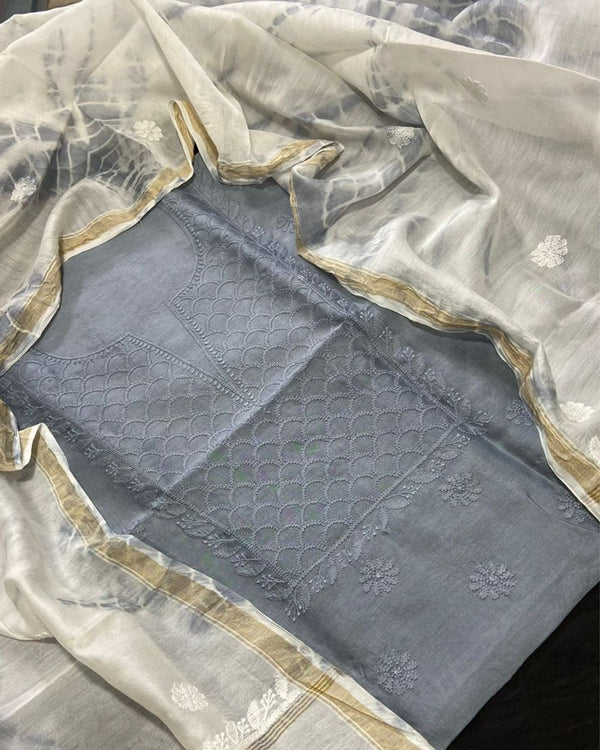Pure Chanderi Silk Kurti Gray Color with heavy Chikankari work Dupatta - IndieHaat