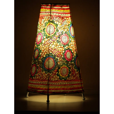 Indiehaat | Flower Kalamkari Handpainted Standing Round Leather Lamp | 13 Inch