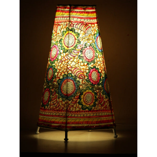 Indiehaat | Flower Kalamkari Handpainted Standing Round Leather Lamp | 13 Inch