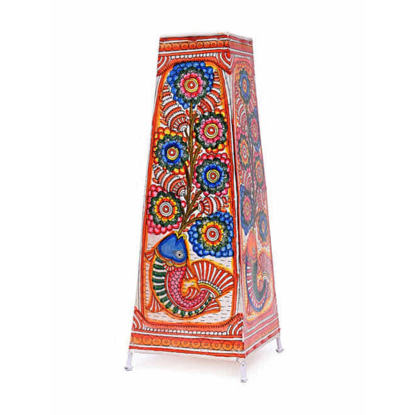 Indiehaat | Fish Kalamkari Handpainted Standing Square Leather Lamp | 17 Inch