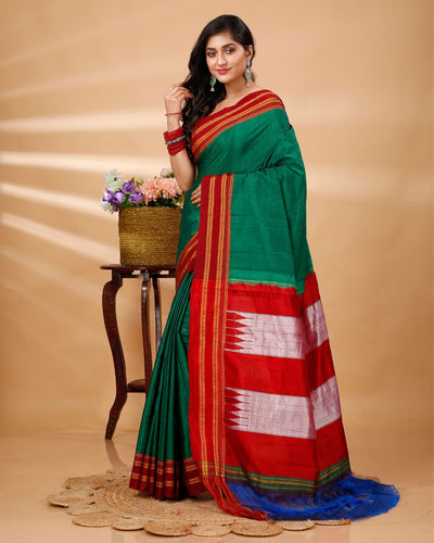 ILKAL Handloom Cotton Silk Saree Dark Green Color with running blouse - IndieHaat