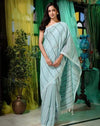 Pure Linen Weaving Design Kantha Work Saree Light Blue Colour with Kantha Blouse-Indiehaat