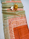 Silkmark Certified Tussar Silk Handloom Handblock Printed Orange and Green  Saree with Blouse-Indiehaat