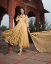 Organza Stitched Suit Honey Yellow Color Hand painted - IndieHaat