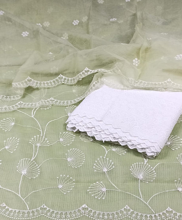 Kota Doria Embroidery Green Suit Material with Matching Dupatta and Chikenkari White Bottom-Indiehaat