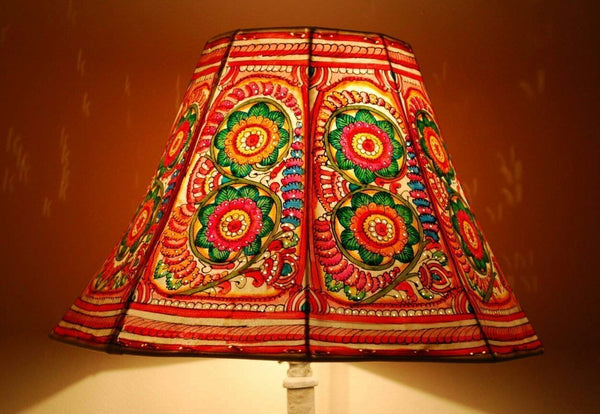 Indiehaat | Vivid Flower Kalamkari Handpaited Leather Lamp Shade (11X9 Inch)