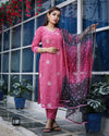 Pure Cotton Kota Doria Suits (Top+Bottom+Dupatta) Pink Color Stitch embroidery with Hand Bandhej work Dupatta - Indiehaat