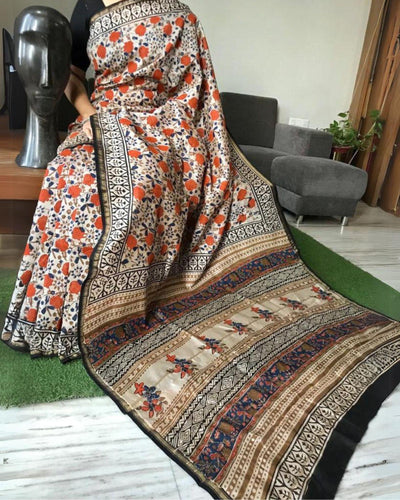 Chanderi Silk Saree Off White Color Kalamkari Print with running blouse - IndieHaat