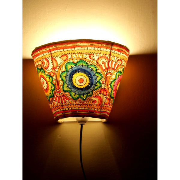 Indiehaat | Flower Kalamkari Handpainted Wall Mount Leather Lamp | 5.5 Inch