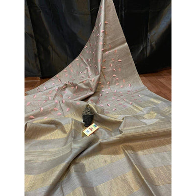 Eri Silk Digital Embroidered Biege Saree with Running Blouse-Indiehaat