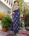 Kota Silk Saree Slate Blue Color Batik Print with running blouse - IndieHaat