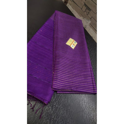 Katan Silk Purple Saree Striped Design with Running Blouse Handcrafted-Indiehaat