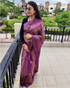 IndieHaat | Katan Silk Purple Saree Jaquard Weaving Running Blouse