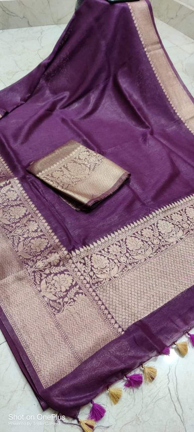 Silk Linen Weaving Design Jacquard Handloom Purple Saree with Running Blouse-Indiehaat