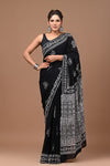 Mulmul Cotton Saree Black Color Handblock Printed with running blouse - IndieHaat