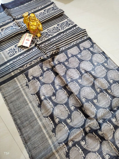 Silkmark Certified Tussar Silk Handloom Handblock Printed Black Saree with Blouse-Indiehaat