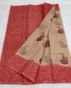 Kota Doria Handblock Printed Biege color Saree with blouse-Indiehaat