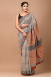 Mulmul Cotton Saree Beige Color Handblock Printed with running blouse - IndieHaat