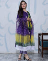 Pure Cotton Kota Doria Suits (Top+Bottom+Dupatta) Purple Color Stitch embroidery with Hand Bandhej work Dupatta - Indiehaat