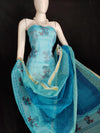 Kota Doria Blue Suit Material Handblock Printed with Zari Border Dupatta-Indiehaat