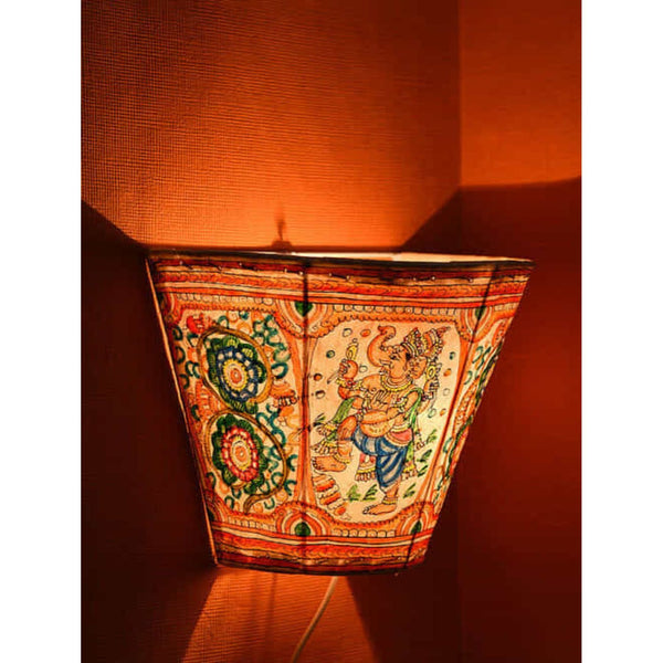 Indiehaat | Peacock Kalamkari Handpainted Wall Mount Leather Lamp | 8.5 Inch