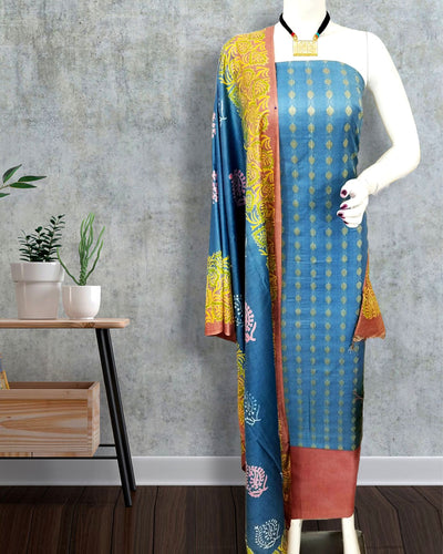 Katan Silk Suit Piece Blue Color with Printed Dupatta - IndieHaat