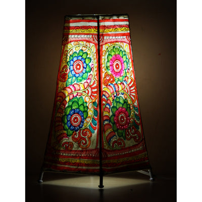 Indiehaat | Flower Kalamkari Handpainted Standing Square Leather Lamp | 13 Inch