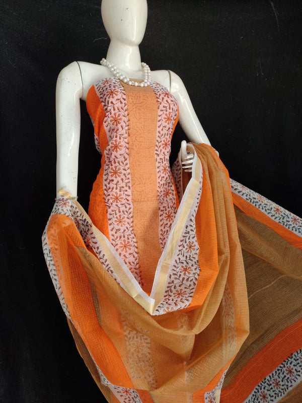 Kota Doria Orange color Suit Material Handblock Printed with Zari Border Dupatta-Indiehaat