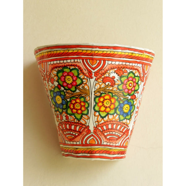 Indiehaat | Flower Kalamkari Handpainted Wall Mount Leather Lamp | 5.5 Inch