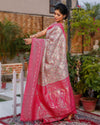 Banarasi Silk Saree Light Beige & Pink Color with contrast pallu and blouse - IndieHaat