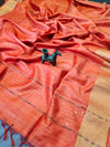 Kota Slub Striped Body Sequence Pallu Hand Dyed Flamingo Orange Saree with Blouse-Indiehaat