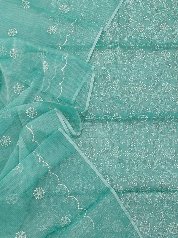 Kota Doria Embroidery Work Suit Material Blue Colour (Top+Dupatta+Bottom)-Indiehaat