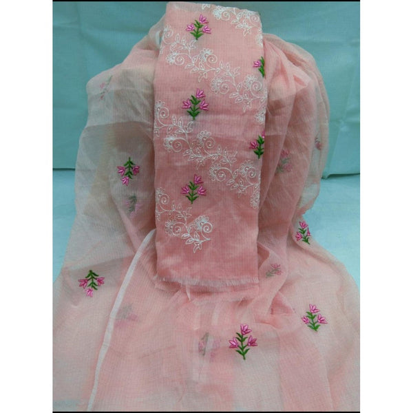Kota Doria Pink Suit Material 2 Piece Embroidered (Only Top and Dupatta)-Indiehaat