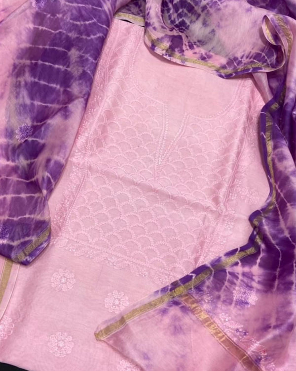 Pure Chanderi Silk Kurti Pastel Pink Color with heavy Chikankari work Dupatta - IndieHaat