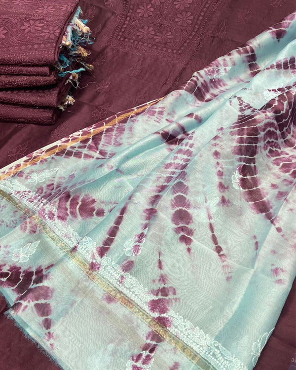 Pure Chanderi Silk Kurti Burgundy Color with heavy Chikankari work Dupatta - IndieHaat