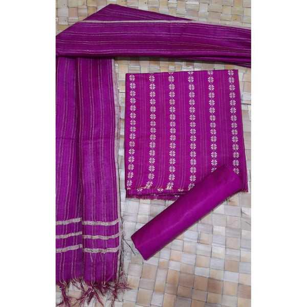 Katan Silk Purple color Suit Piece with Bottom and Dupatta Handcrafted-Indiehaat