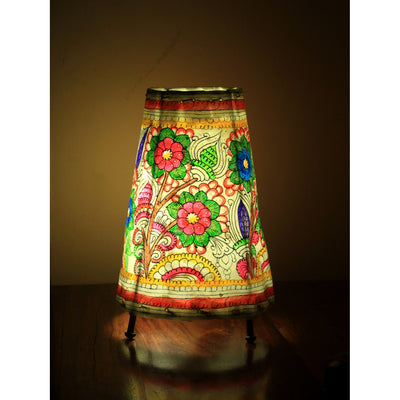 Indiehaat | Flower Kalamkari Handpainted Standing Round Leather Lamp | 13 Inch