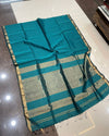 Maheshwari Handloom Silk Saree Dark Teal Blue Color Zari Line Zari Pallu with running blouse - IndieHaat